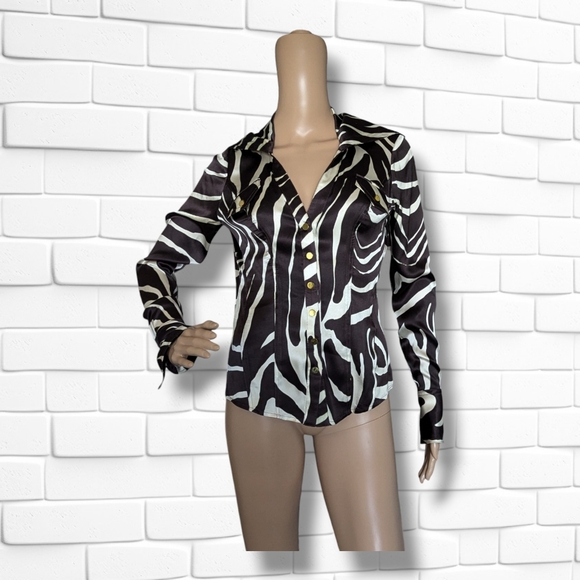 Vintage Cache Silk Blouse Black & White Zebra Print Gold Snaps Bell Cuffs Size S - Picture 3 of 9
